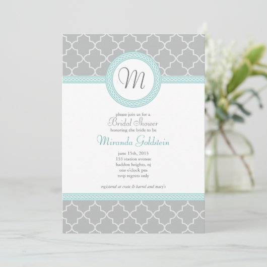 Blauwe en grijze monogram - Uitnodiging (Staand voorkant)