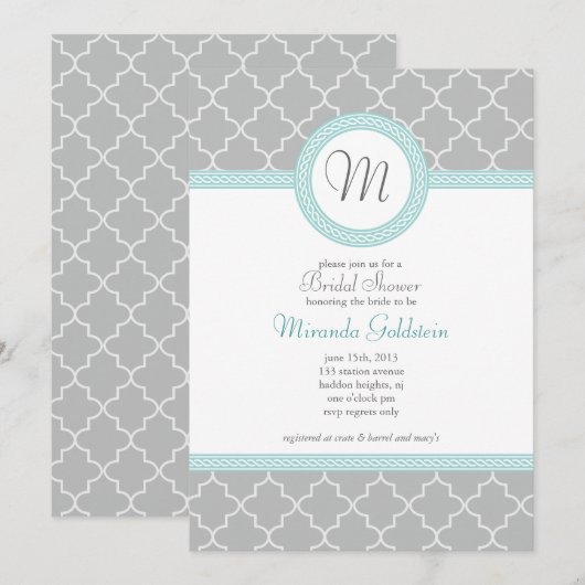 Blauwe en grijze monogram - Uitnodiging (Voorkant / Achterkant)