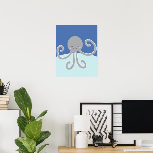 Blauwe en grijze oceaanleven - Octopus Nursery Pri Poster (Thuiskantoor)