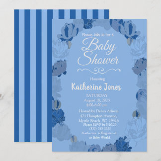 Blauwe en Grijze Pioenenkrans Baby shower Kaart