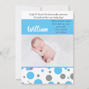 Blauwe en grijze pokadots   Baby Boy Fotogeboorte Aankondiging