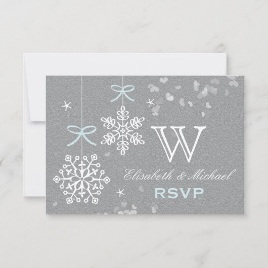 Blauwe en grijze Snowflake RSVP-kaart RSVP Kaartje (Voorkant)