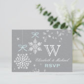 Blauwe en grijze Snowflake RSVP-kaart RSVP Kaartje (Staand voorkant)