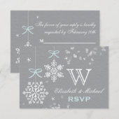 Blauwe en grijze Snowflake RSVP-kaart RSVP Kaartje (Voorkant / Achterkant)