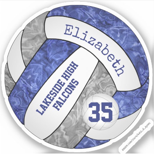 blauwe en grijze volleybal w school mascot name sticker (Voorkant)