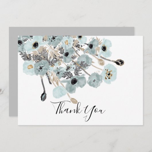 Blauwe en grijze Waterverf Bedankkaart (Voorkant / Achterkant)