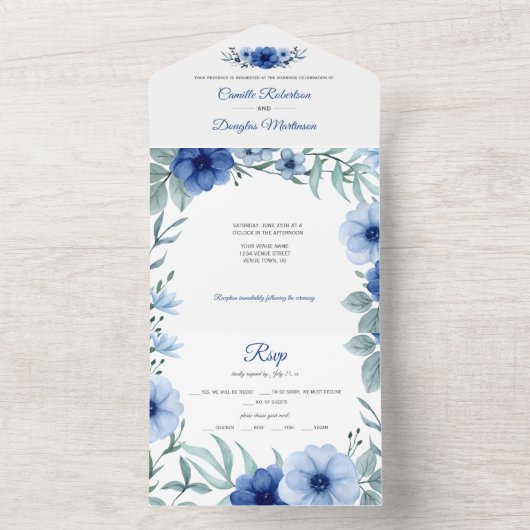 Blauwe en groene Anemone Floral |  All In One Uitnodiging (Binnen)