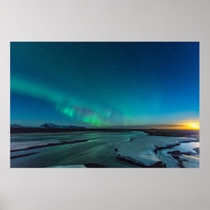 Blauwe en groene Aurora Borealis, IJsland Poster