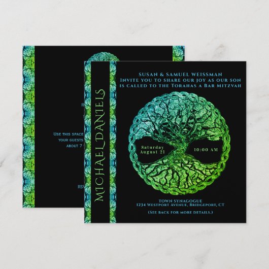 Blauwe en groene bar Mitzvah Boom van de Uitnodigi Kaart (Voorkant / Achterkant)