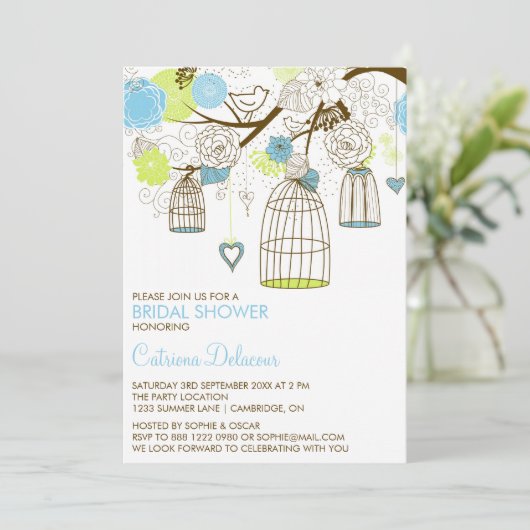 Blauwe en groene Birdcages Bridal Shower Invitatio Kaart (Staand voorkant)