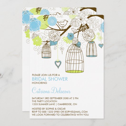 Blauwe en groene Birdcages Bridal Shower Invitatio Kaart (Voorkant / Achterkant)