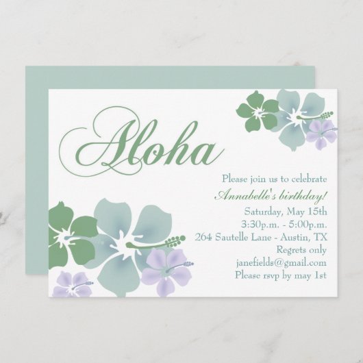 Blauwe en groene bloem Aloha Verjaardag Uitnodigin Kaart (Voorkant / Achterkant)