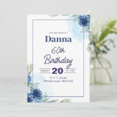 Blauwe en groene bloemen 60e verjaardag uitnodigin kaart (Staand voorkant)
