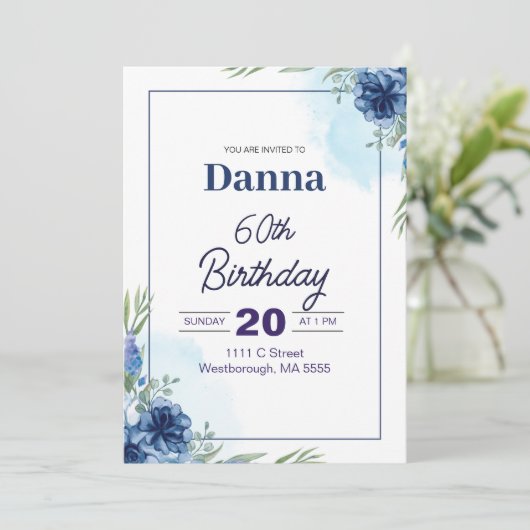 Blauwe en groene bloemen 60e verjaardag uitnodigin kaart (Staand voorkant)
