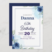 Blauwe en groene bloemen 60e verjaardag uitnodigin kaart (Voorkant / Achterkant)