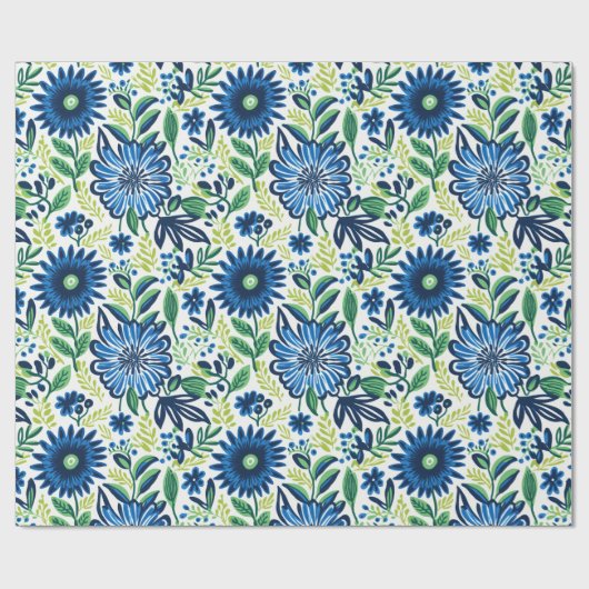 Blauwe en groene bloemen cadeaupapier (Vlak)