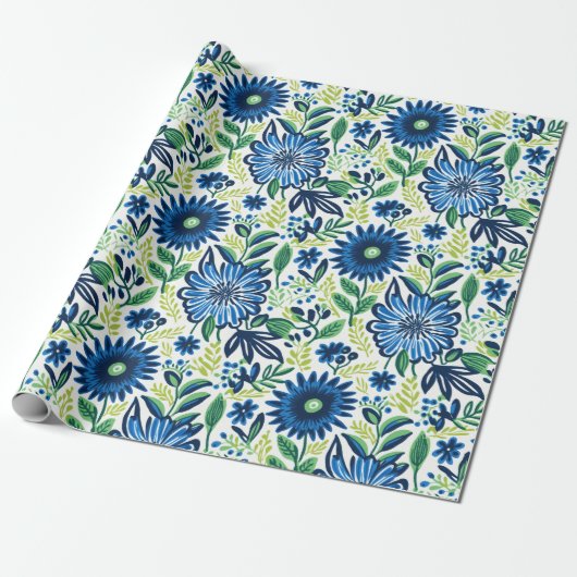 Blauwe en groene bloemen cadeaupapier (Uitgerold)