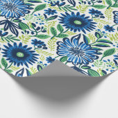 Blauwe en groene bloemen cadeaupapier (Hoek)