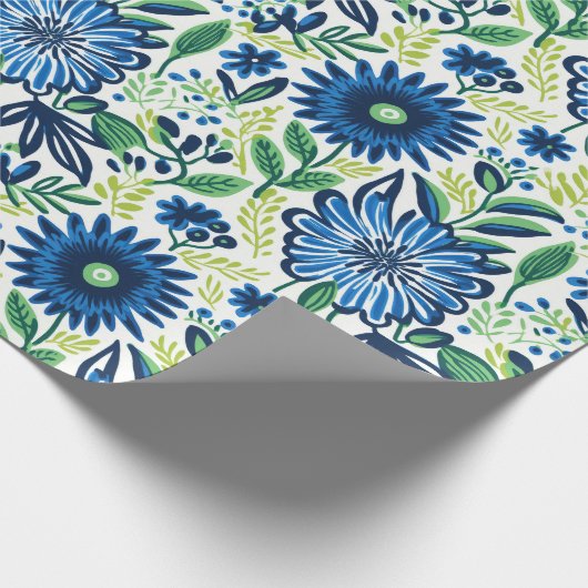 Blauwe en groene bloemen cadeaupapier (Hoek)