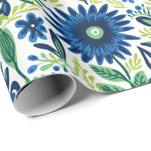 Blauwe en groene bloemen cadeaupapier (Rol Hoek)