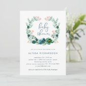 Blauwe en groene bloemen Waterverf | Baby Shower Kaart (Staand voorkant)