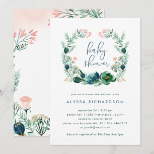 Blauwe en groene bloemen Waterverf Baby Shower Kaart