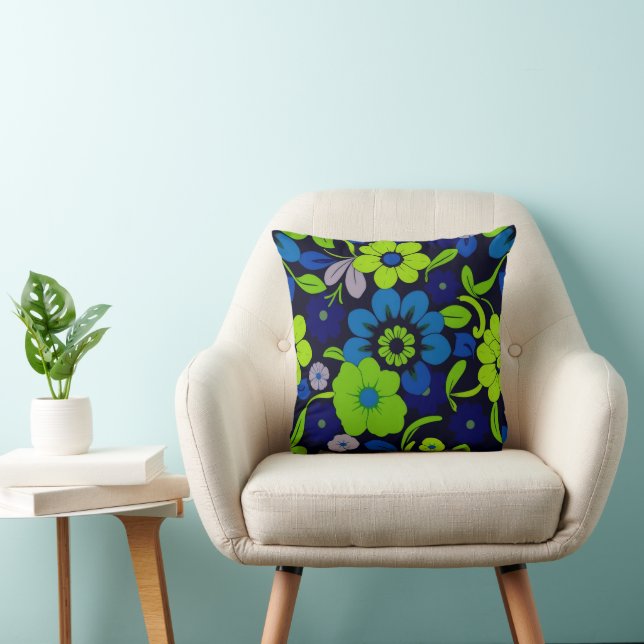 Blauwe en groene bloemen Worp kussen (Stoel)