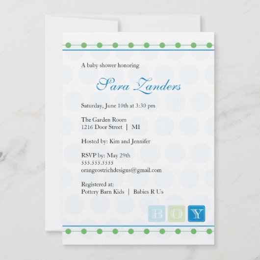 Blauwe en Groene Blokken Uitnodiging van het Baby (Achterkant)