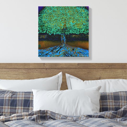Blauwe en groene boom van het leven canvas afdruk (Insitu (Slaapkamer))