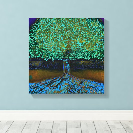 Blauwe en groene boom van het leven canvas afdruk (Insitu (Houten vloer))