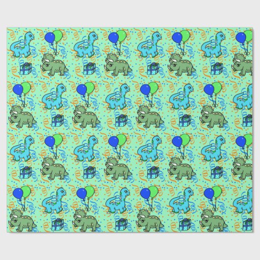 Blauwe en groene Confetti Dinosauriërs Cadeaupapier (Vlak)