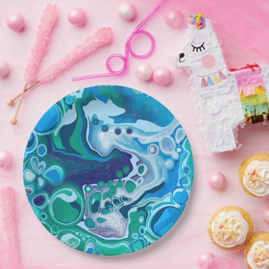 Blauwe en groene digitale marmer-fluid-kunst papieren bordje (Feest)