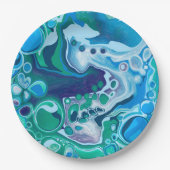 Blauwe en groene digitale marmer-fluid-kunst papieren bordje (Voorkant)