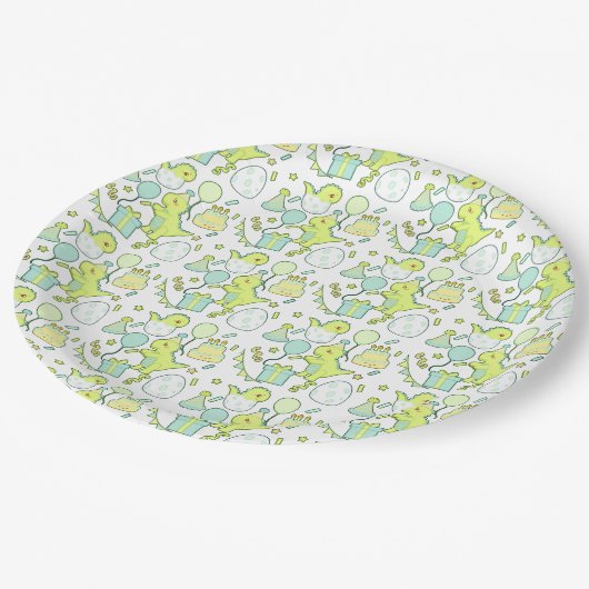 Blauwe en groene dinosaurus verjaardag papieren bordje (Gekanteld)