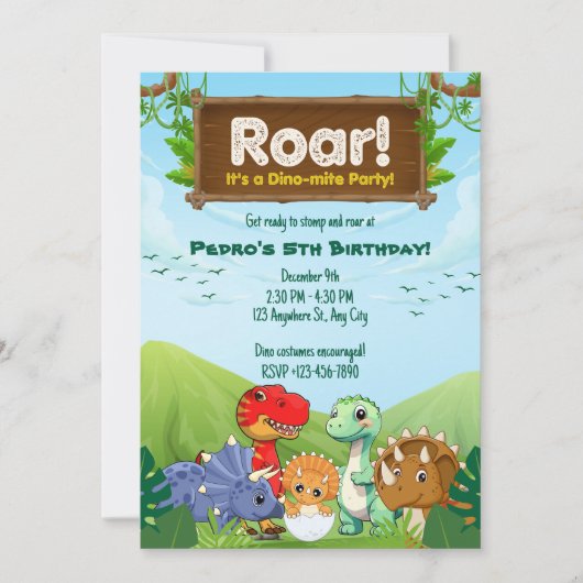Blauwe en groene dinosaurus verjaardagsfeestje kaart (Voorkant)