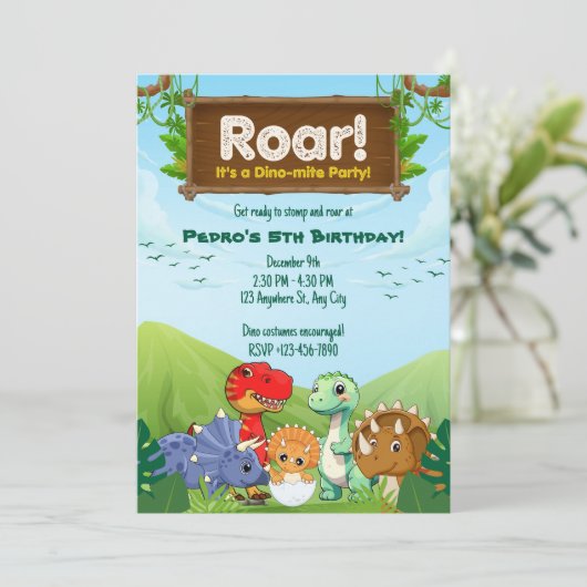 Blauwe en groene dinosaurus verjaardagsfeestje kaart (Staand voorkant)