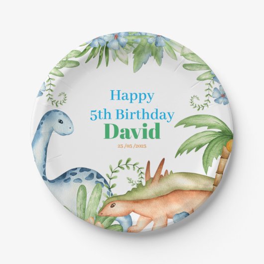 Blauwe en groene dinosaurusfeest papieren bordje (Voorkant)