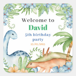 Blauwe en groene dinosaurusfeest vierkante sticker