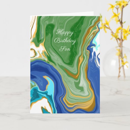 Blauwe en groene faux Marble Persoonlijke verjaard Kaart (Gele Bloem)