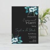 Blauwe en groene Floral Black Engagement Party Kaart (Staand voorkant)
