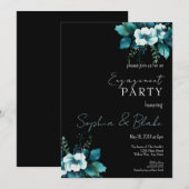 Blauwe en groene Floral Black Engagement Party Kaart (Voorkant / Achterkant)