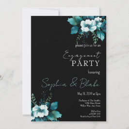 Blauwe en groene Floral Black Engagement Party Kaart