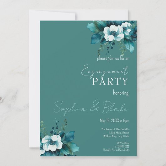 Blauwe en groene Floral Dark Green Engagement Part Kaart (Voorkant)