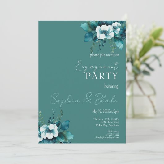 Blauwe en groene Floral Dark Green Engagement Part Kaart (Staand voorkant)