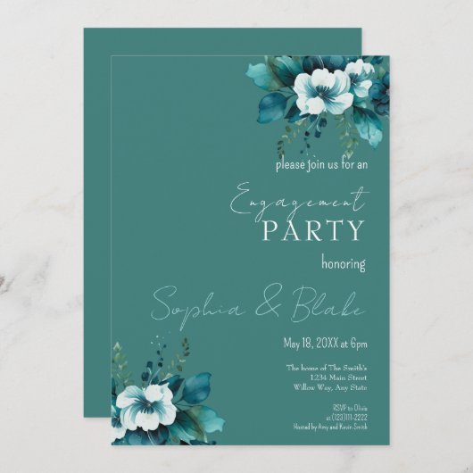 Blauwe en groene Floral Dark Green Engagement Part Kaart (Voorkant / Achterkant)