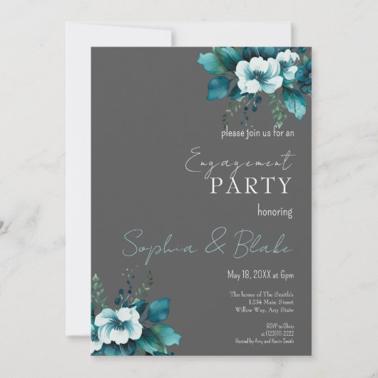 Blauwe en groene Floral Grey Engagement Party Kaart (Voorkant)