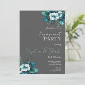 Blauwe en groene Floral Grey Engagement Party Kaart (Staand voorkant)