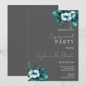 Blauwe en groene Floral Grey Engagement Party Kaart (Voorkant / Achterkant)