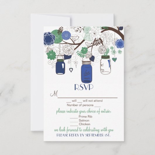 Blauwe en groene Floral Mason Jars RSVP Wedding Ka (Voorkant)