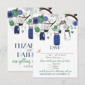 Blauwe en groene Floral Mason Jars RSVP Wedding Ka (Voorkant / Achterkant)